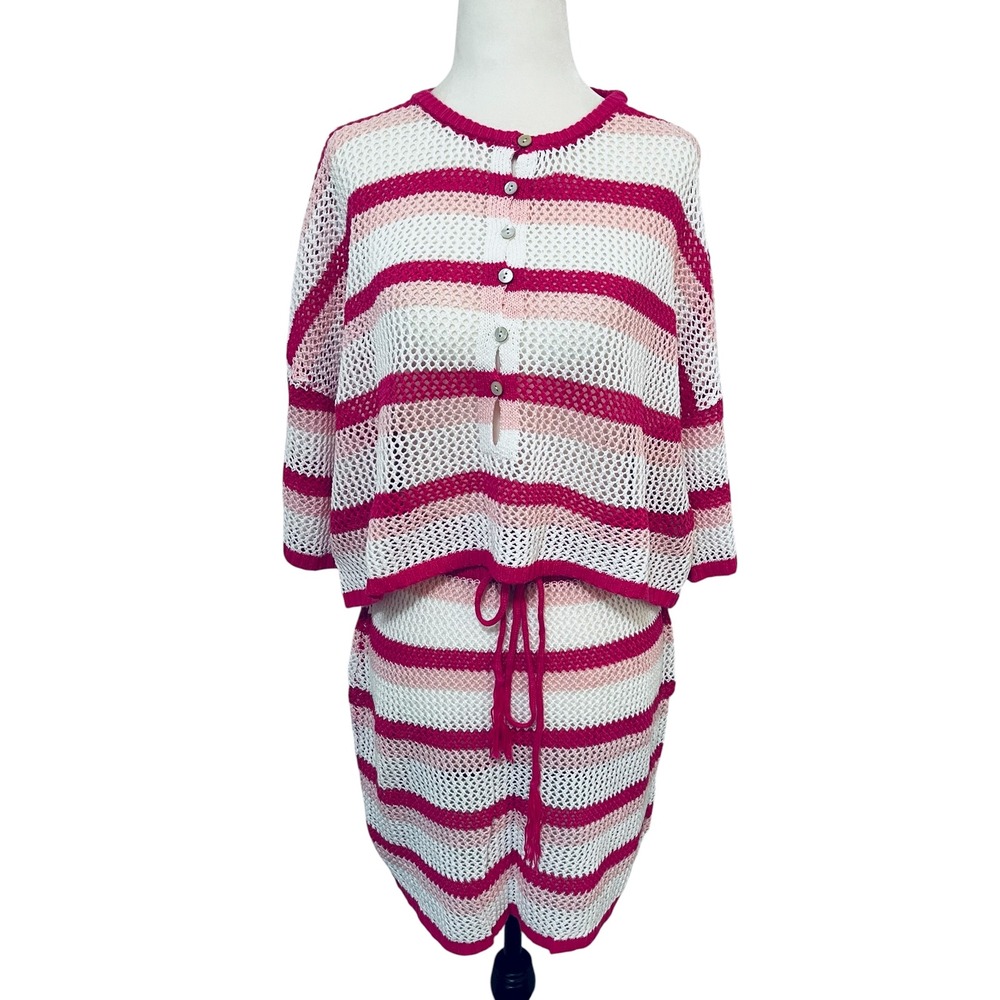NEW Large Crochet‎ Knit Swim Cover Set Striped Cardigan & Mini Skirt Pink White - Picture 2 of 9